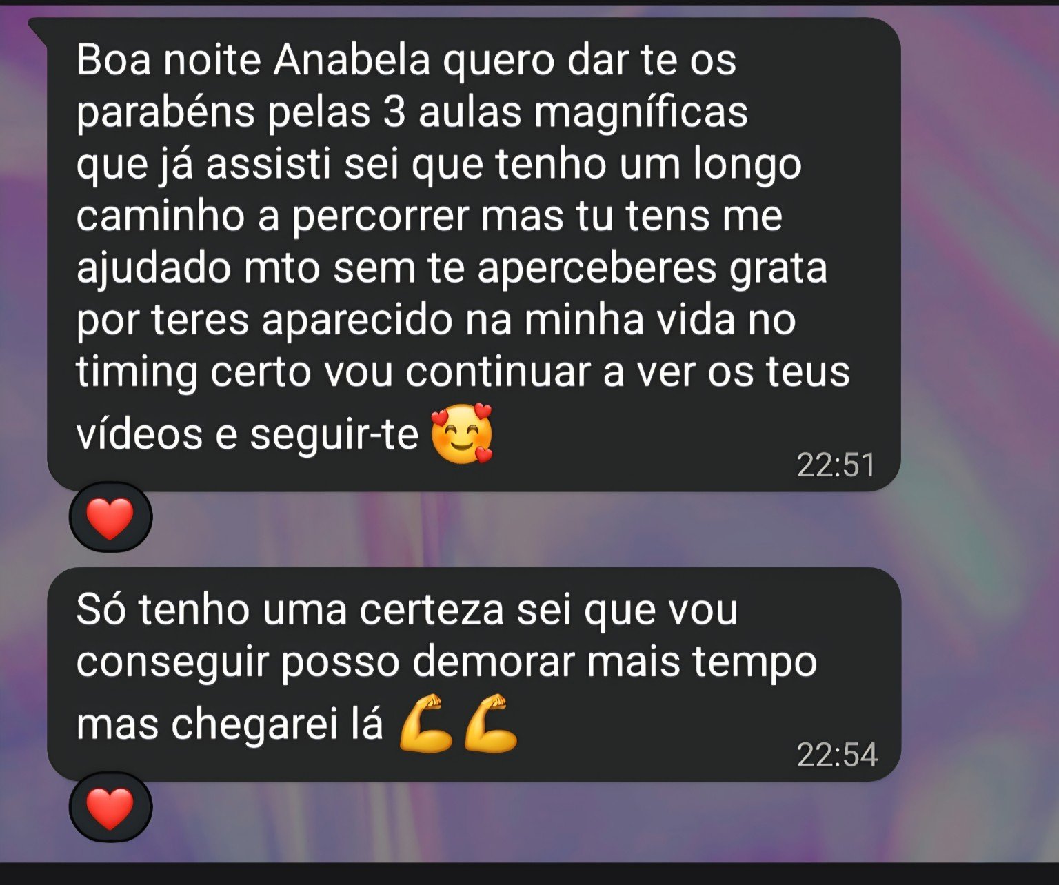 Mensagem de uma aluna sobre três aulas de Anabela e o apoio que sentiu